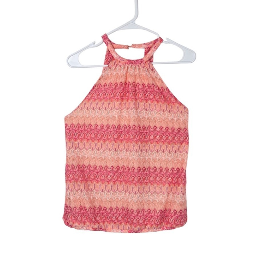 Boston Proper Halter Top Womens XS Pink Orange Crochet  Chevron Boho Sleeveless